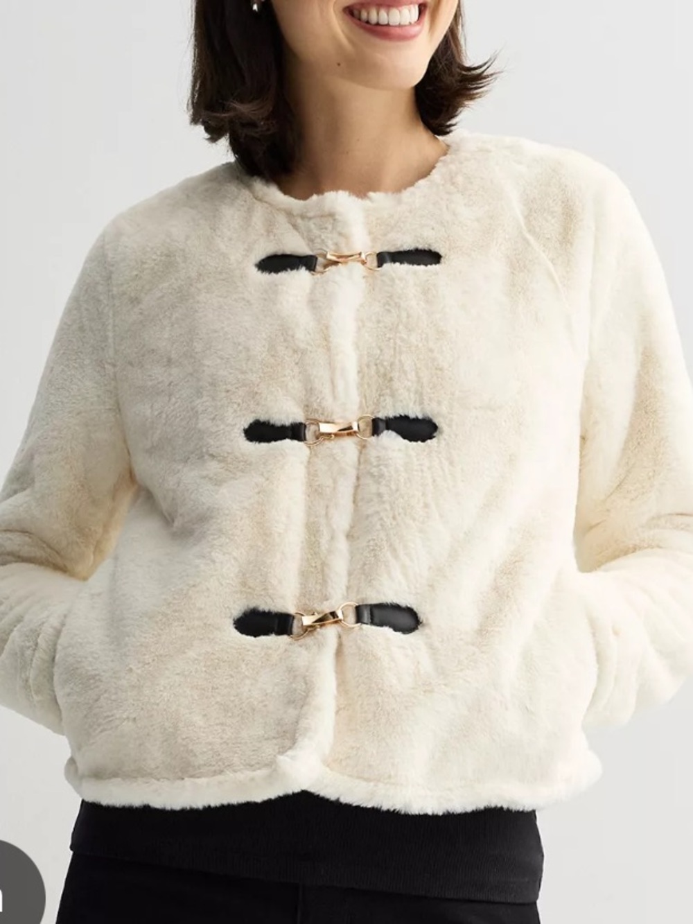 Nine West Cream Collarless Faux Fur Teddy Jacket with Toggle Closures